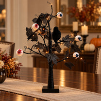 Lighted Black Halloween Eyeball & Crow LED Table Tree