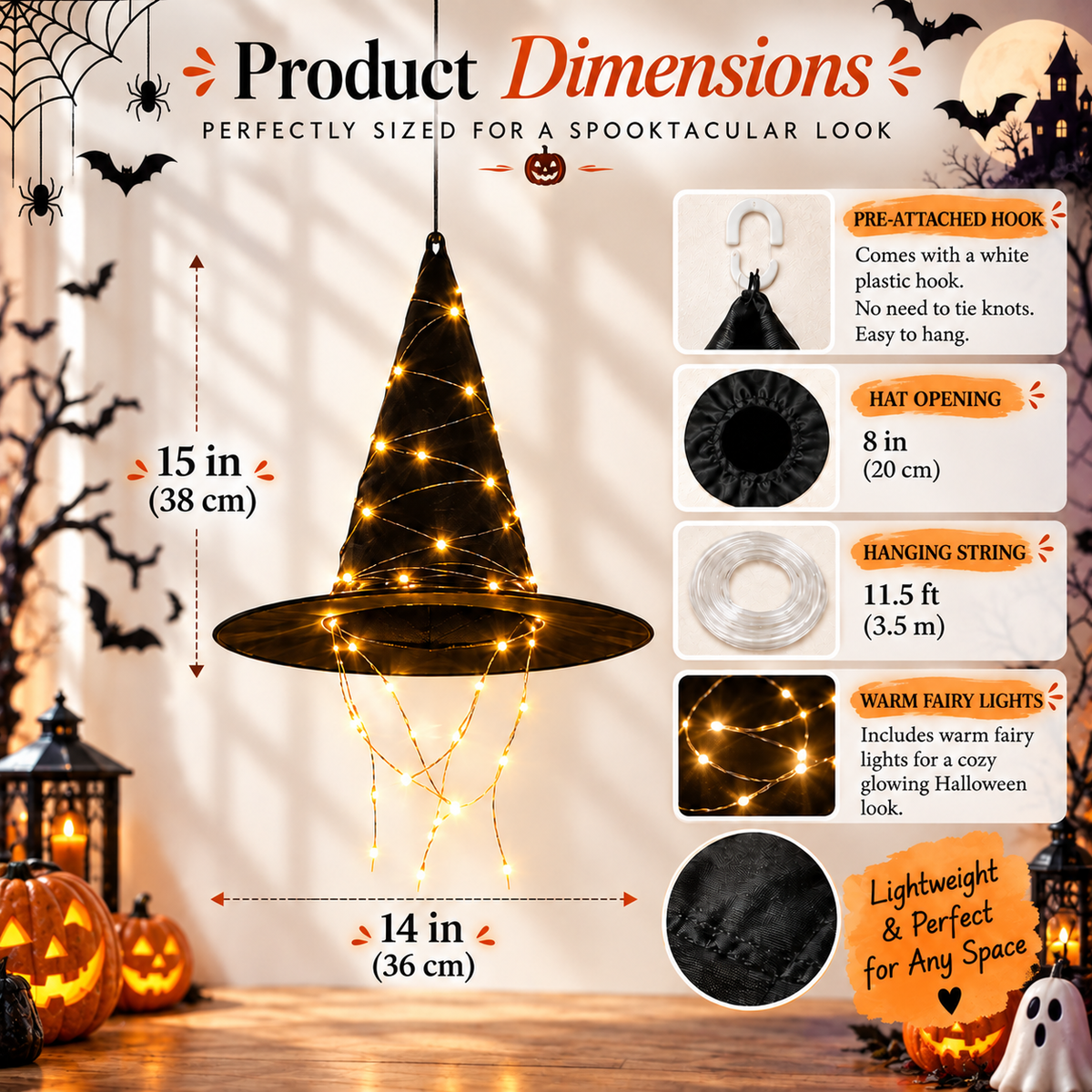 Hanging Witch Hat LED Lights – Floating Black Witch Hats for Halloween Decor