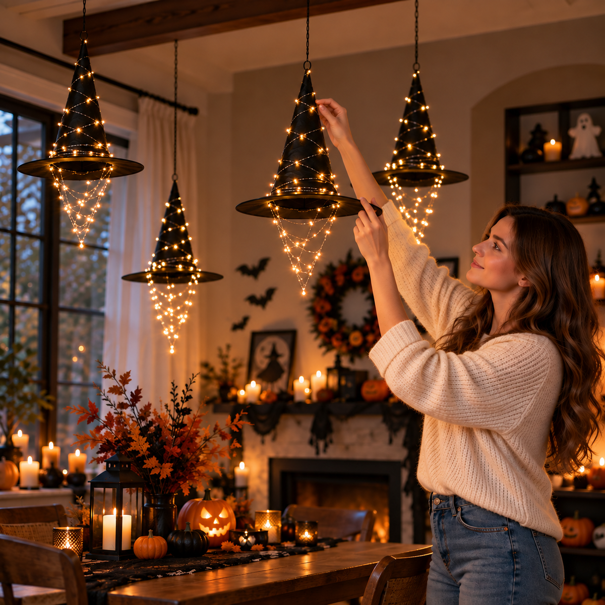 Hanging Witch Hat LED Lights – Floating Black Witch Hats for Halloween Decor