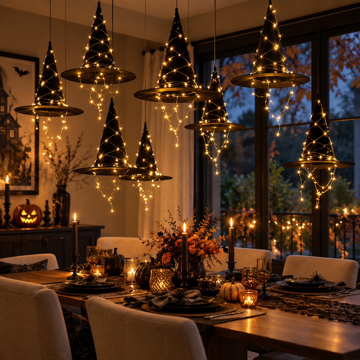 Hanging Witch Hat LED Lights – Floating Black Witch Hats for Halloween Decor
