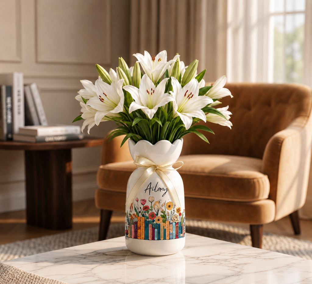 Personalized Vintage Bookshelf Library Ceramic Flower Vase – Book Lover Gift