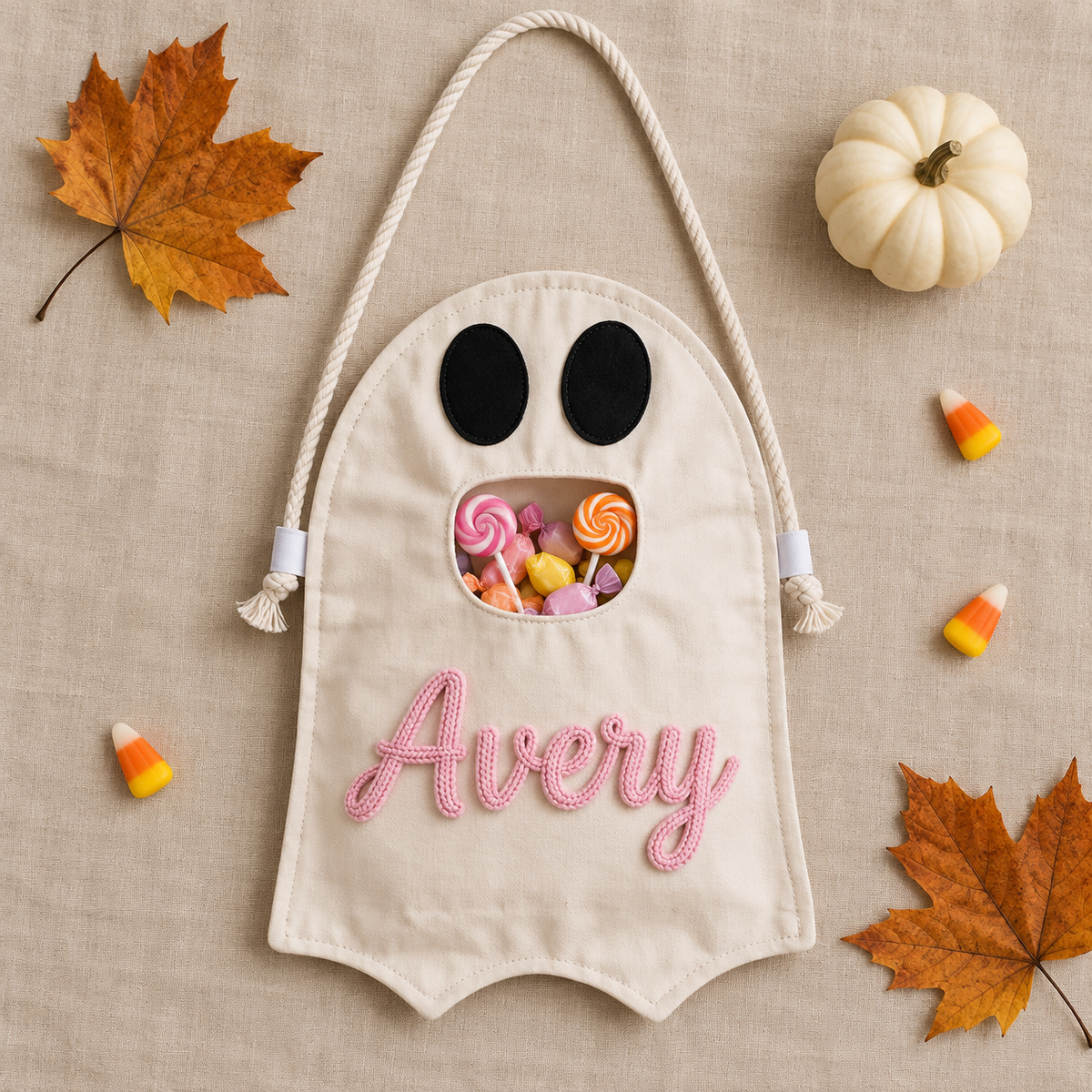 Personalized Ghost Halloween Candy Bag, Custom Name Trick or Treat Bag with Plush Charm