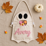 Personalized Ghost Halloween Candy Bag, Custom Name Trick or Treat Bag with Plush Charm