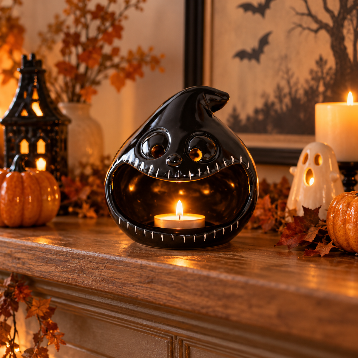 Halloween Ghost Pumpkin Ceramic Candle Holder / Lantern