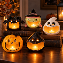 Halloween Ghost Pumpkin Ceramic Candle Holder / Lantern