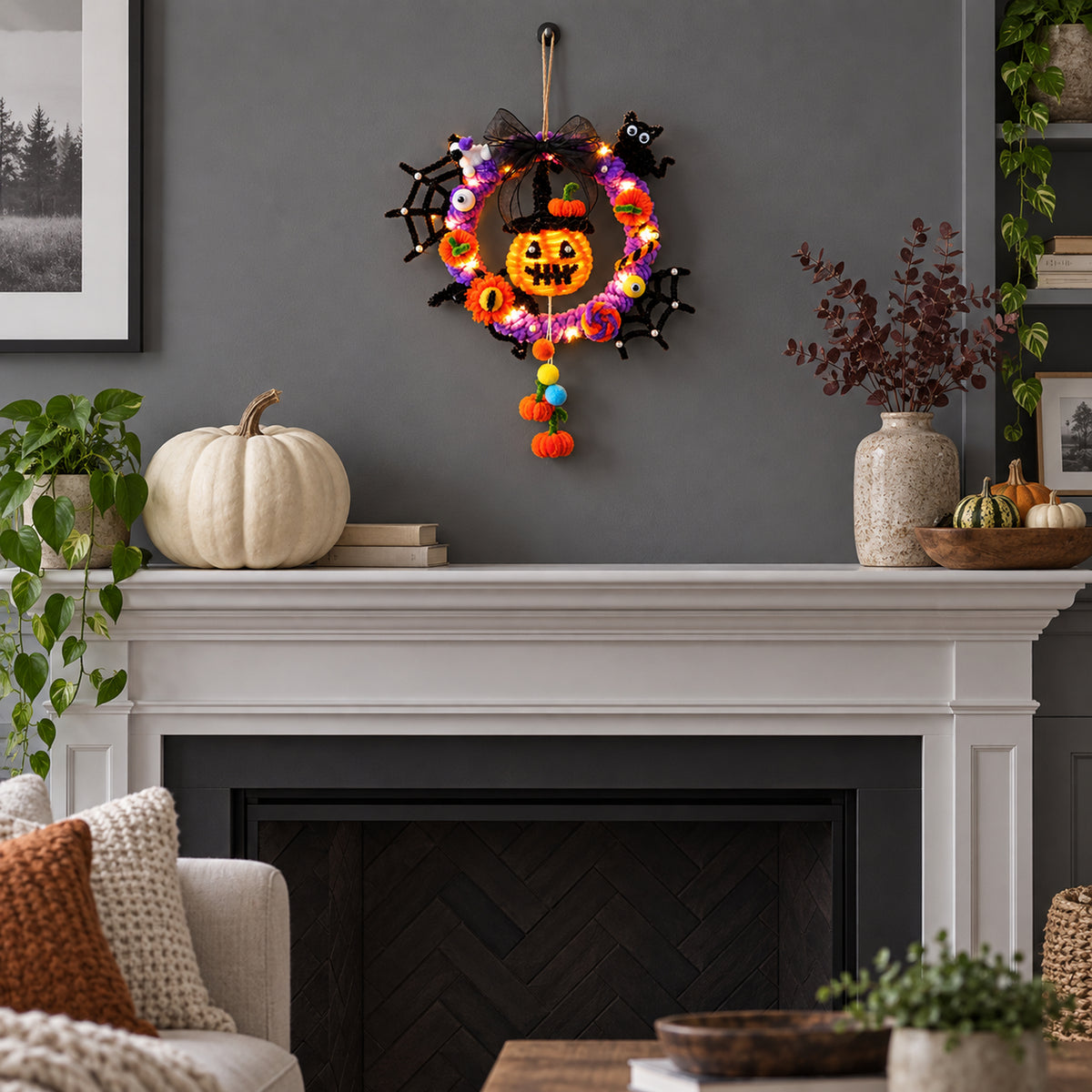 Illuminated Halloween Pumpkin Garland for Festive Door Hanging Decoration