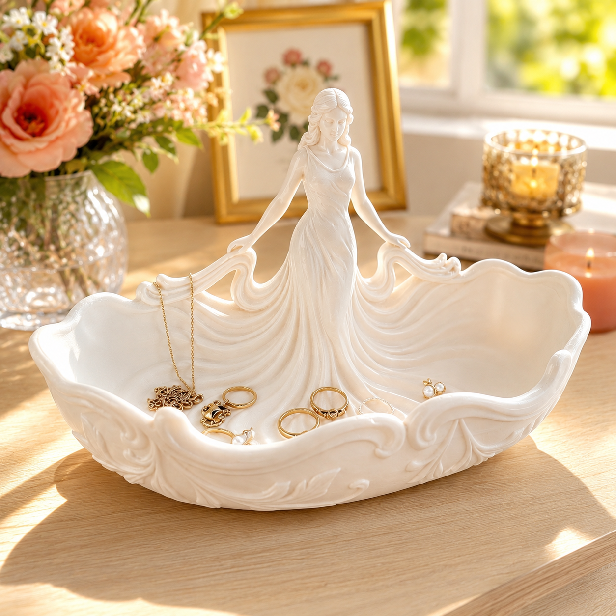Elegant Woman Jewelry Dish – Pink Goddess Trinket Tray and Ceramic Ring Holder for Her