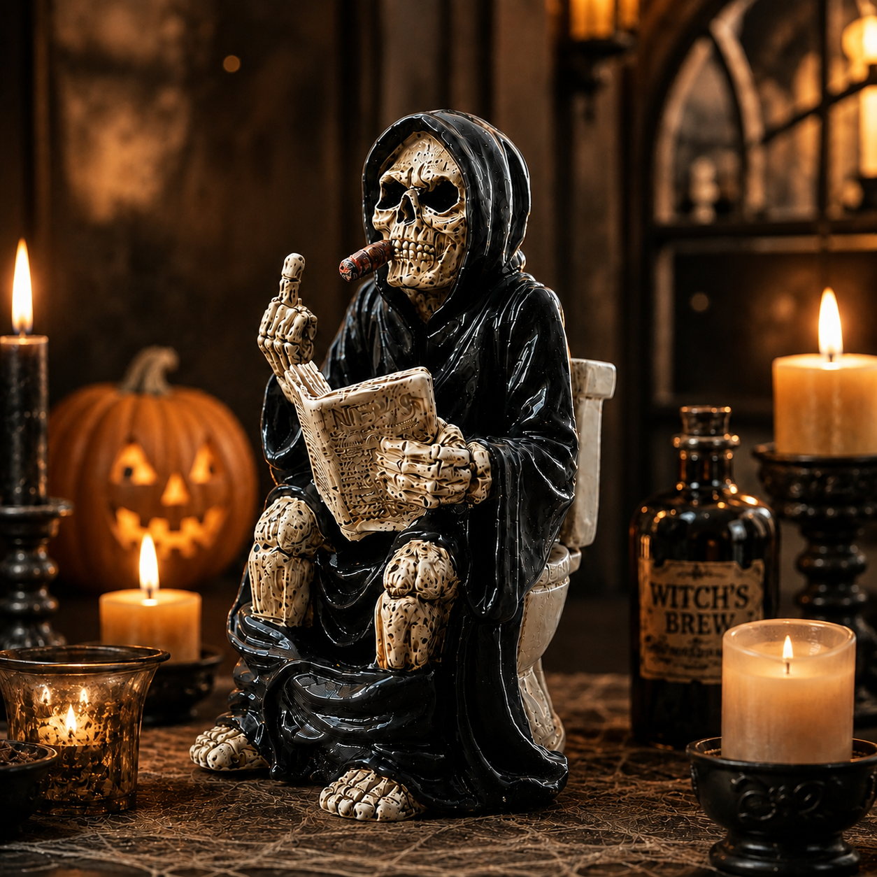 Grim Reaper Toilet Statue – Gothic Skeleton Bathroom Decor, Dark Humor Resin Figurine & Halloween Decor