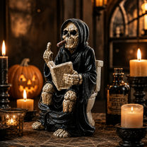 Grim Reaper Toilet Statue – Gothic Skeleton Bathroom Decor, Dark Humor Resin Figurine & Halloween Decor