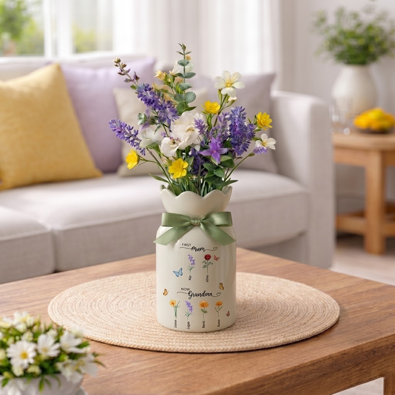 Custom First Mom Now Grandma Ceramic Flower Vase – Personalized Birth Month Flower Grandma’s Garden Gift
