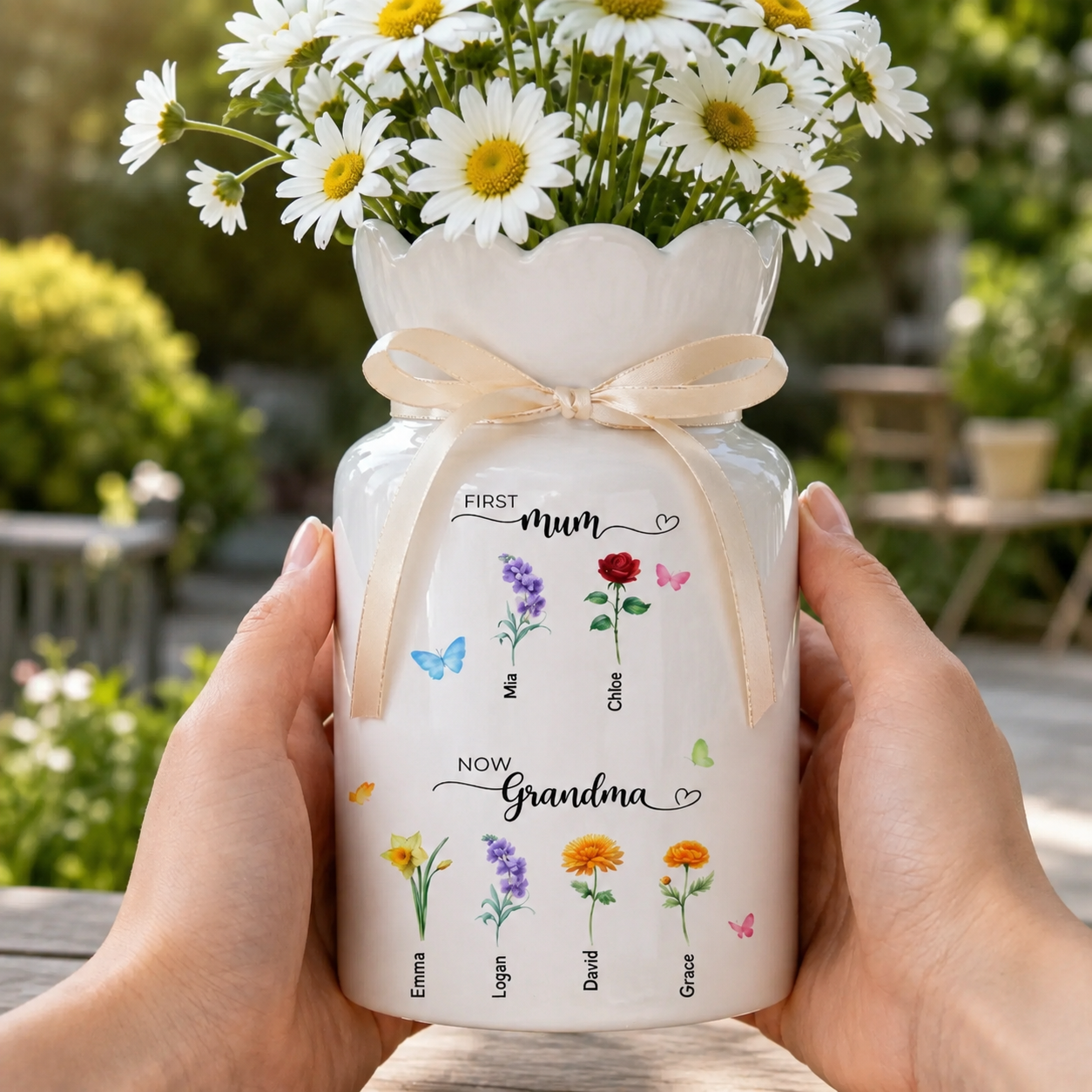 Custom First Mom Now Grandma Ceramic Flower Vase – Personalized Birth Month Flower Grandma’s Garden Gift