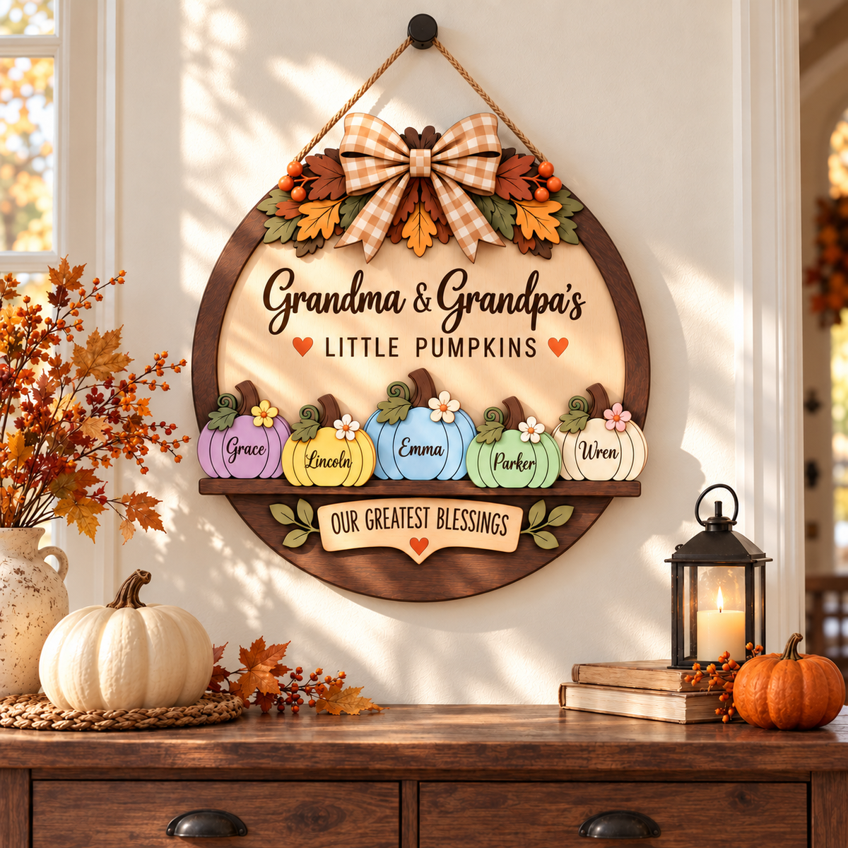 Custom Grandma & Grandpa Fall Pumpkin Door Hanger