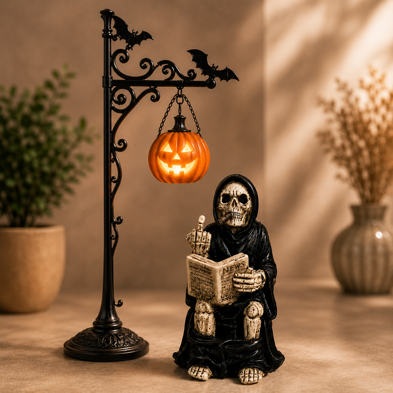 Grim Reaper Toilet Statue – Gothic Skeleton Bathroom Decor, Dark Humor Resin Figurine & Halloween Decor
