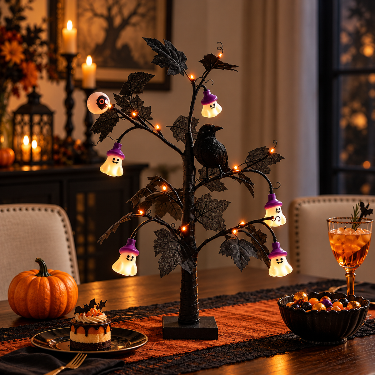 Halloween Black Lighted Tree with Crow & Eyeball Decor