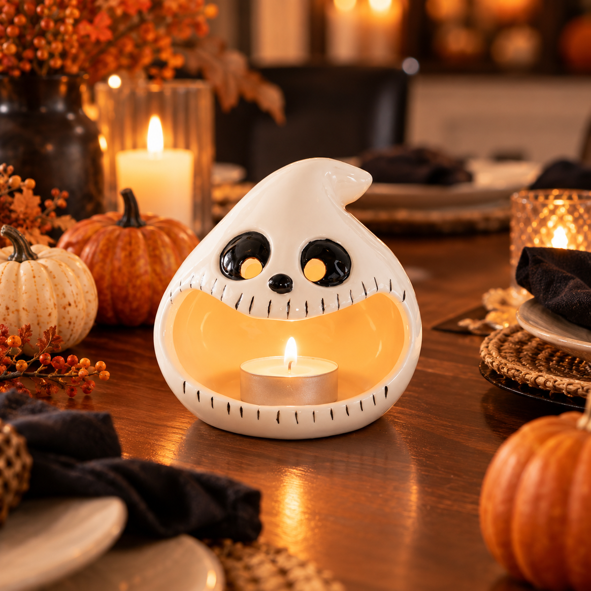 Halloween Ghost Pumpkin Ceramic Candle Holder / Lantern