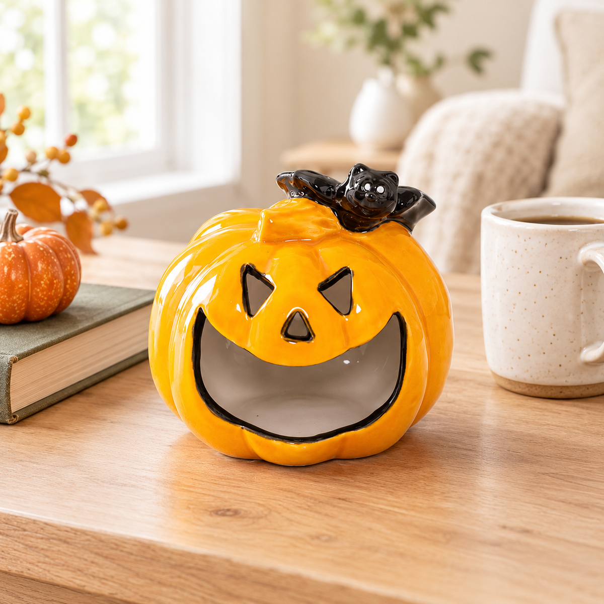 Halloween Ghost Pumpkin Ceramic Candle Holder / Lantern