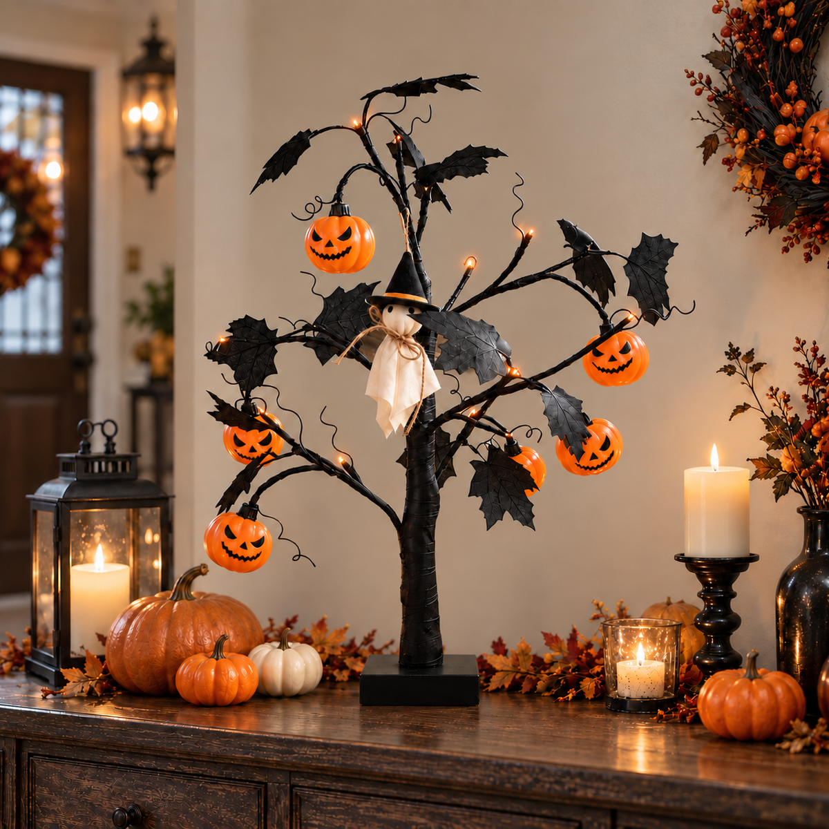 Lighted Black Halloween Table Tree with Ghost Pumpkin Ornaments