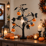 Lighted Black Halloween Table Tree with Ghost Pumpkin Ornaments
