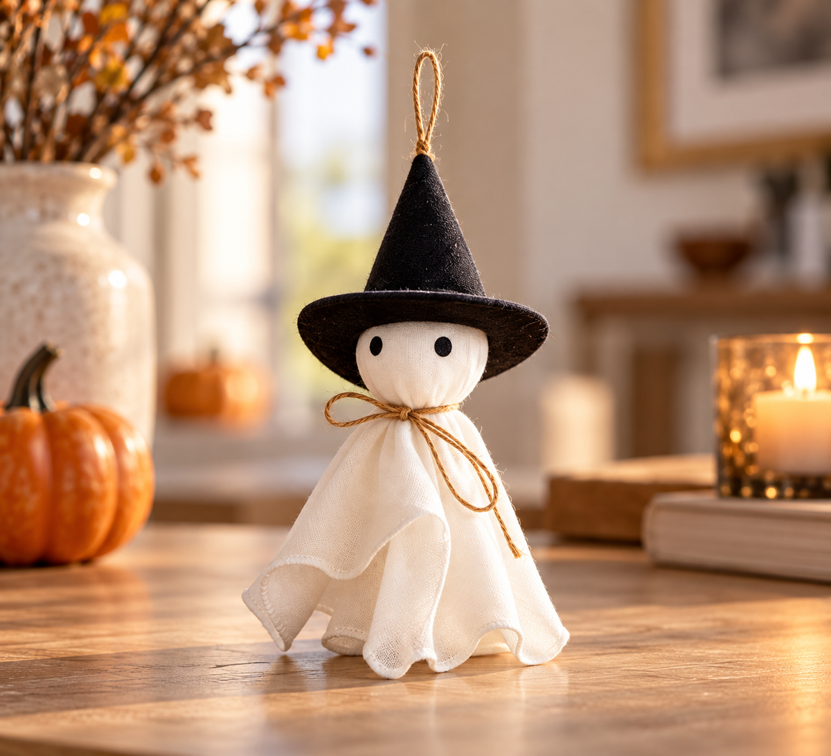 Lighted Black Halloween Table Tree with Pumpkin Ghost Ornaments