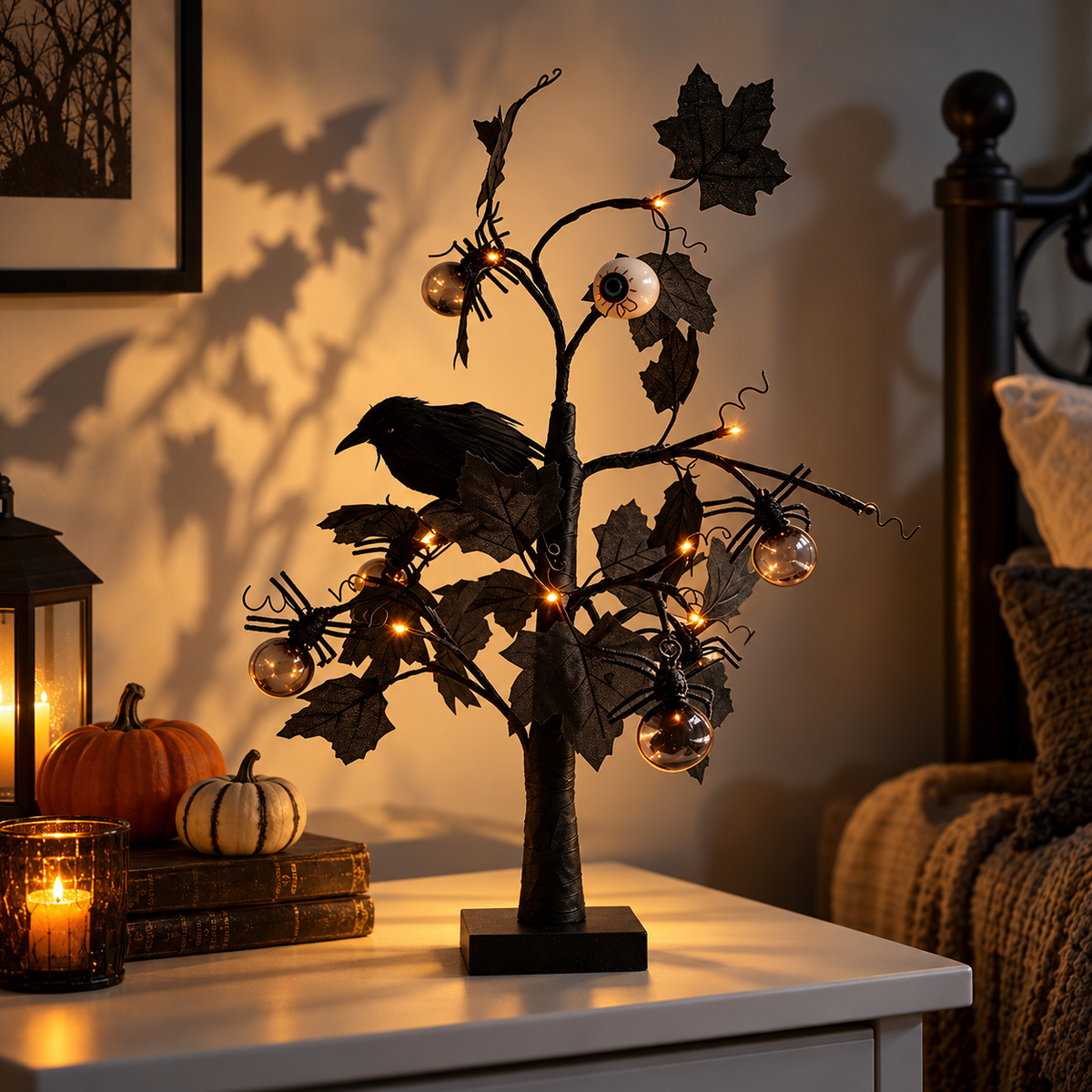 Lighted Black Halloween Eyeball Tree Spooky Tabletop Decor
