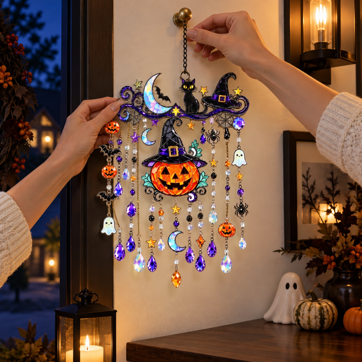 Halloween Pumpkin Witch Hat Wind Chime, Spooky Hanging Home Room Decor
