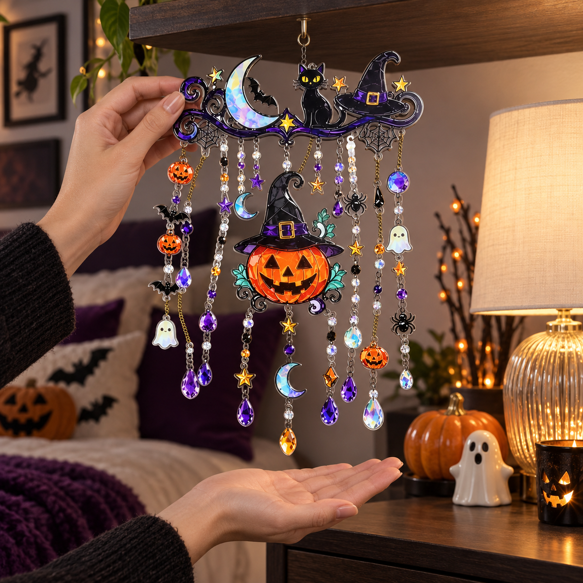 Halloween Pumpkin Witch Hat Wind Chime, Spooky Hanging Home Room Decor