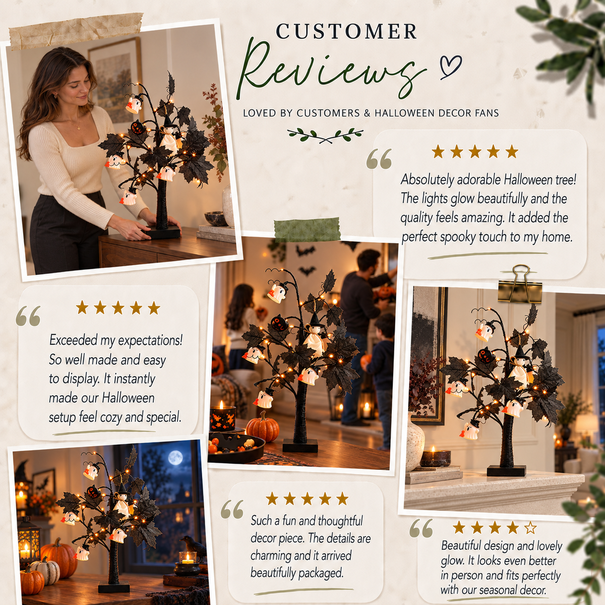 Lighted Black Halloween Table Tree with Mini Ghost Ornaments