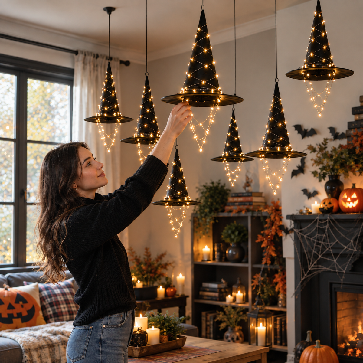 Hanging Witch Hat LED Lights – Floating Black Witch Hats for Halloween Decor