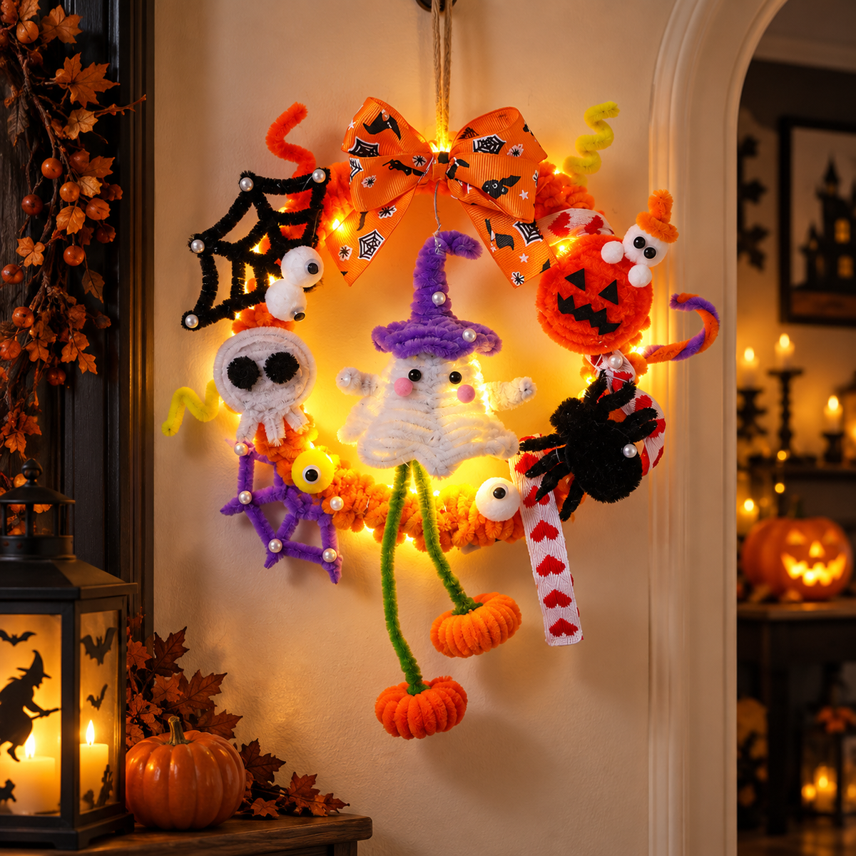 Illuminated Halloween Pumpkin Garland for Festive Door Hanging Decoration