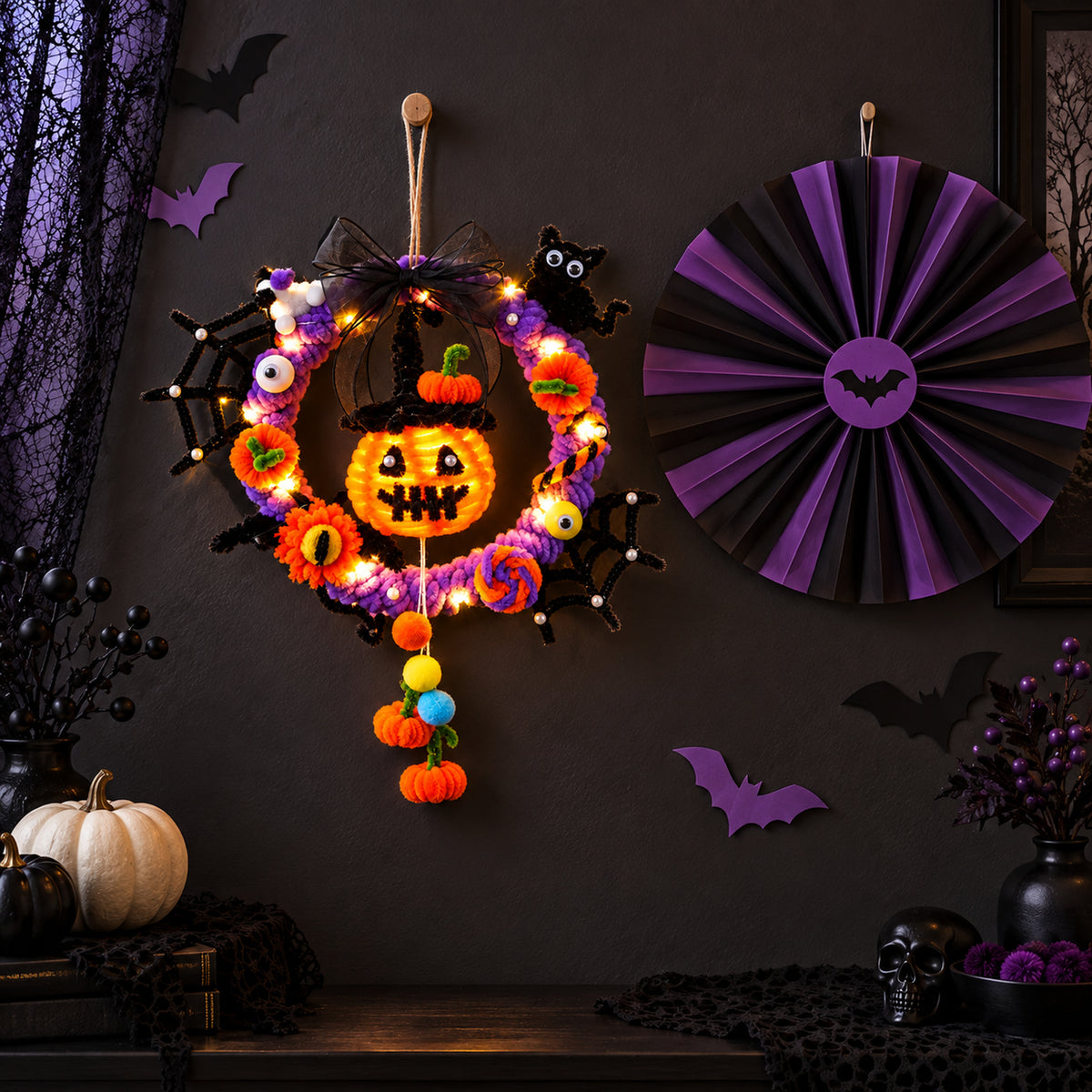 Illuminated Halloween Pumpkin Garland for Festive Door Hanging Decoration