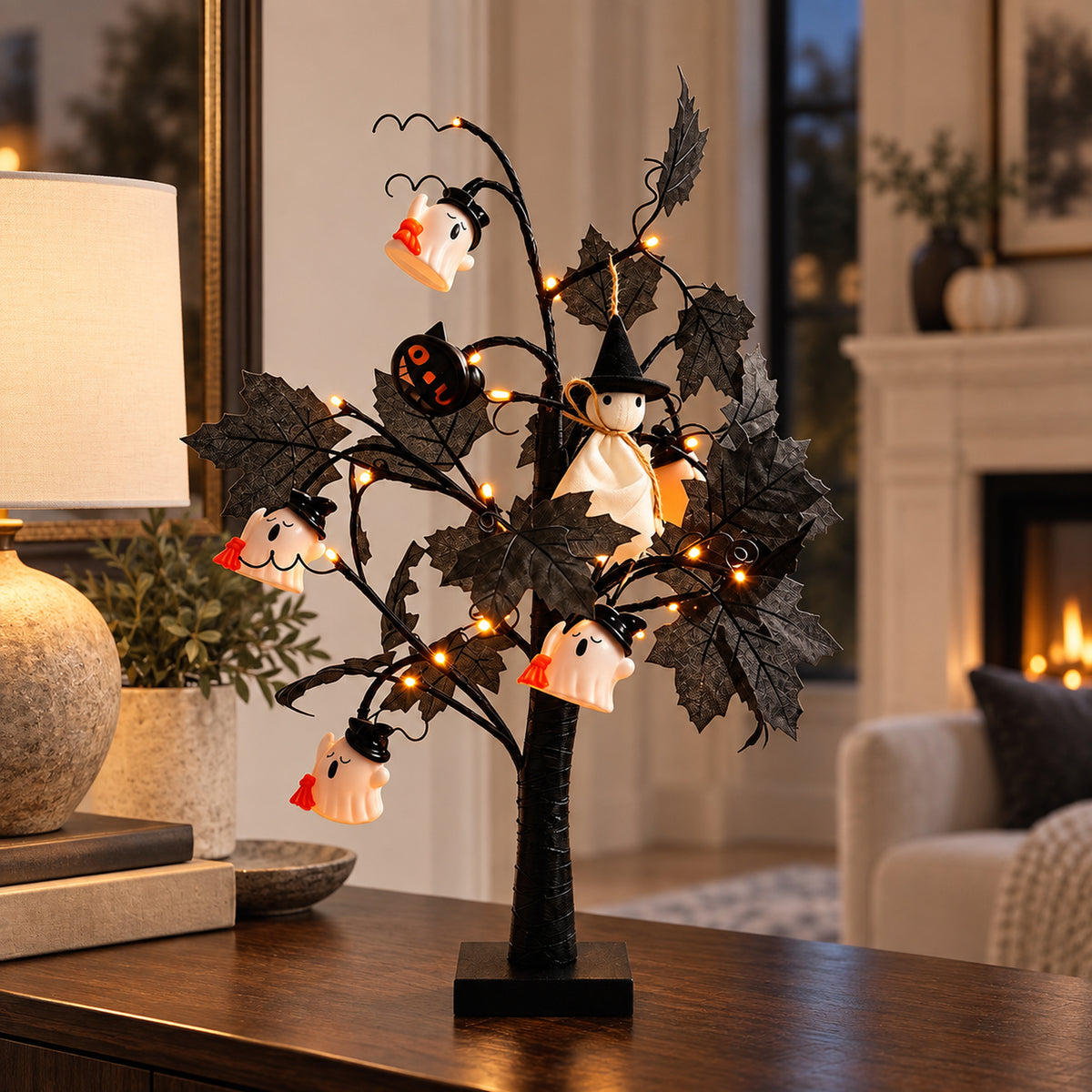 Lighted Black Halloween Table Tree with Mini Ghost Ornaments