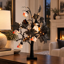 Lighted Black Halloween Table Tree with Mini Ghost Ornaments
