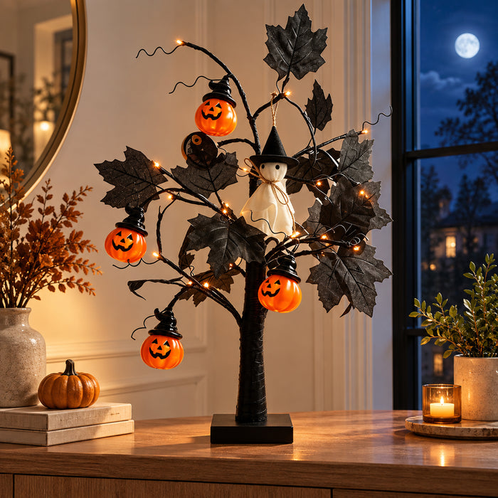 Lighted Black Halloween Table Tree with Pumpkin Ghost Ornaments