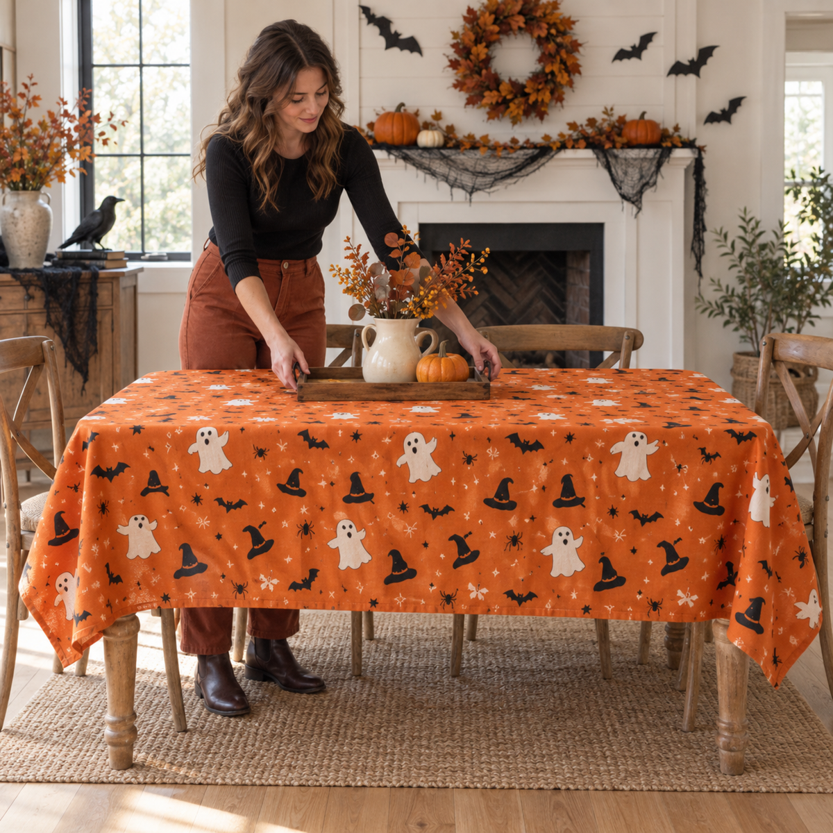 Spooky Halloween Witch Bat Pumpkin Tablecloth Decor