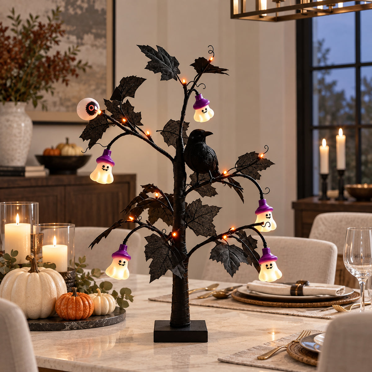 Halloween Black Lighted Tree with Crow & Eyeball Decor