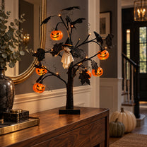 Lighted Black Halloween Table Tree with Ghost Pumpkin Ornaments