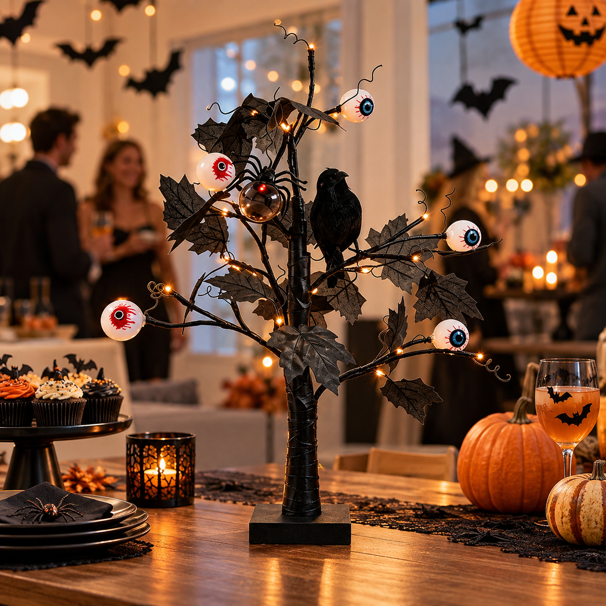 Lighted Black Halloween Eyeball & Crow LED Table Tree