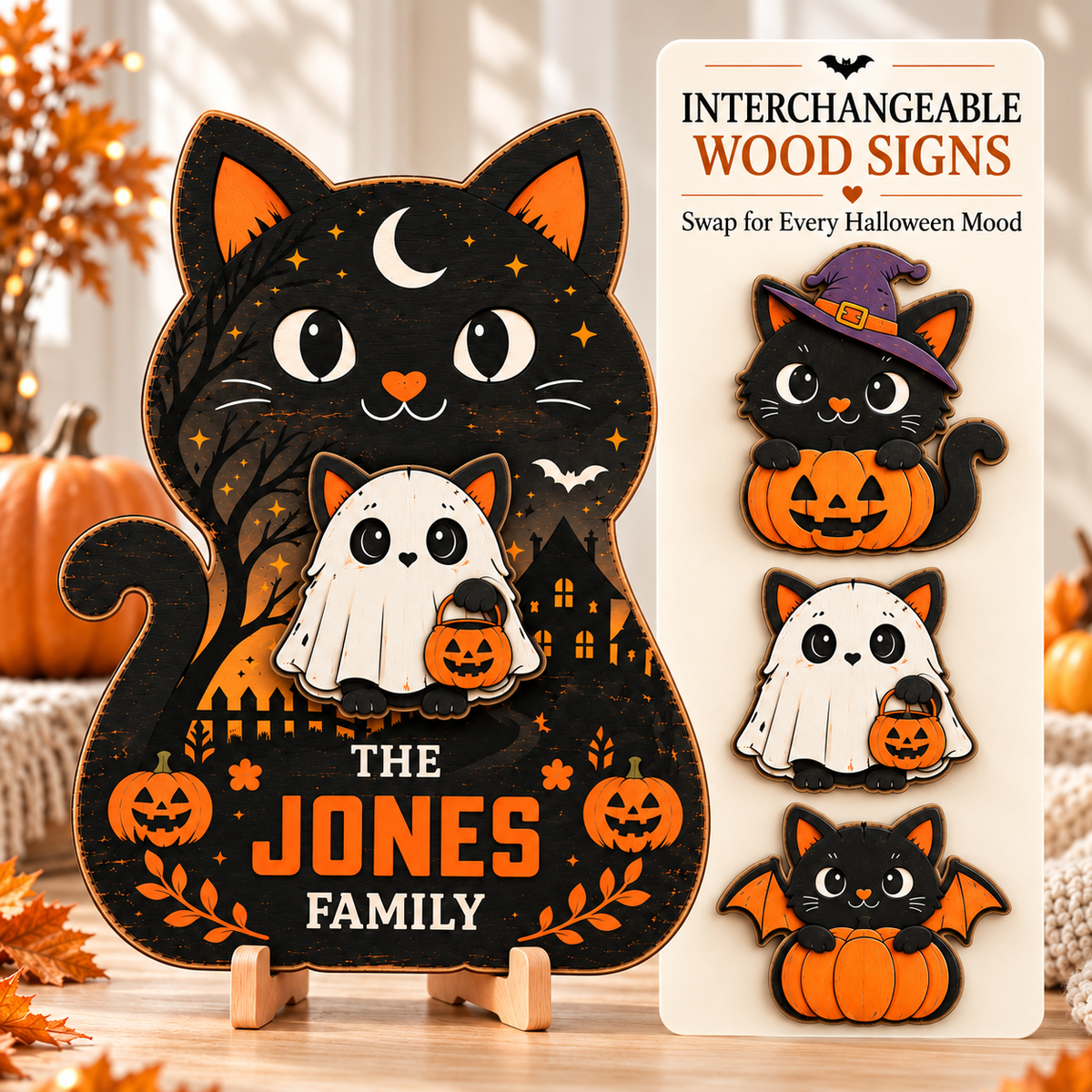 Halloween Witchy Cat Wooden Blocks – Set of 3 Spooky Shelf Sitters