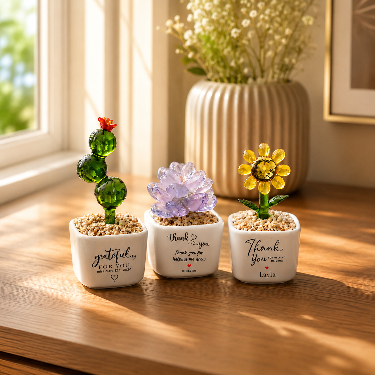 Custom Name Hand Blown Glass Mini Plant Pot – Personalized Thank You Keepsake, Teacher Appreciation Gift & Desktop Decoration
