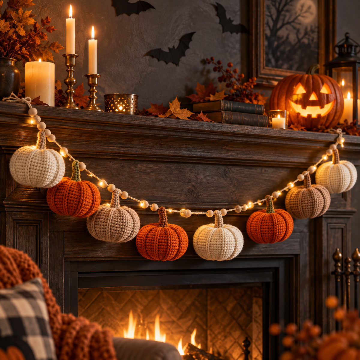 Handmade Autumn Crochet Bunting with Pumpkin LED Garland