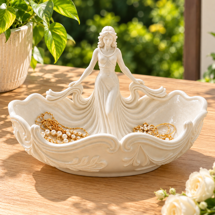 Elegant Woman Jewelry Dish – Pink Goddess Trinket Tray and Ceramic Ring Holder for Her