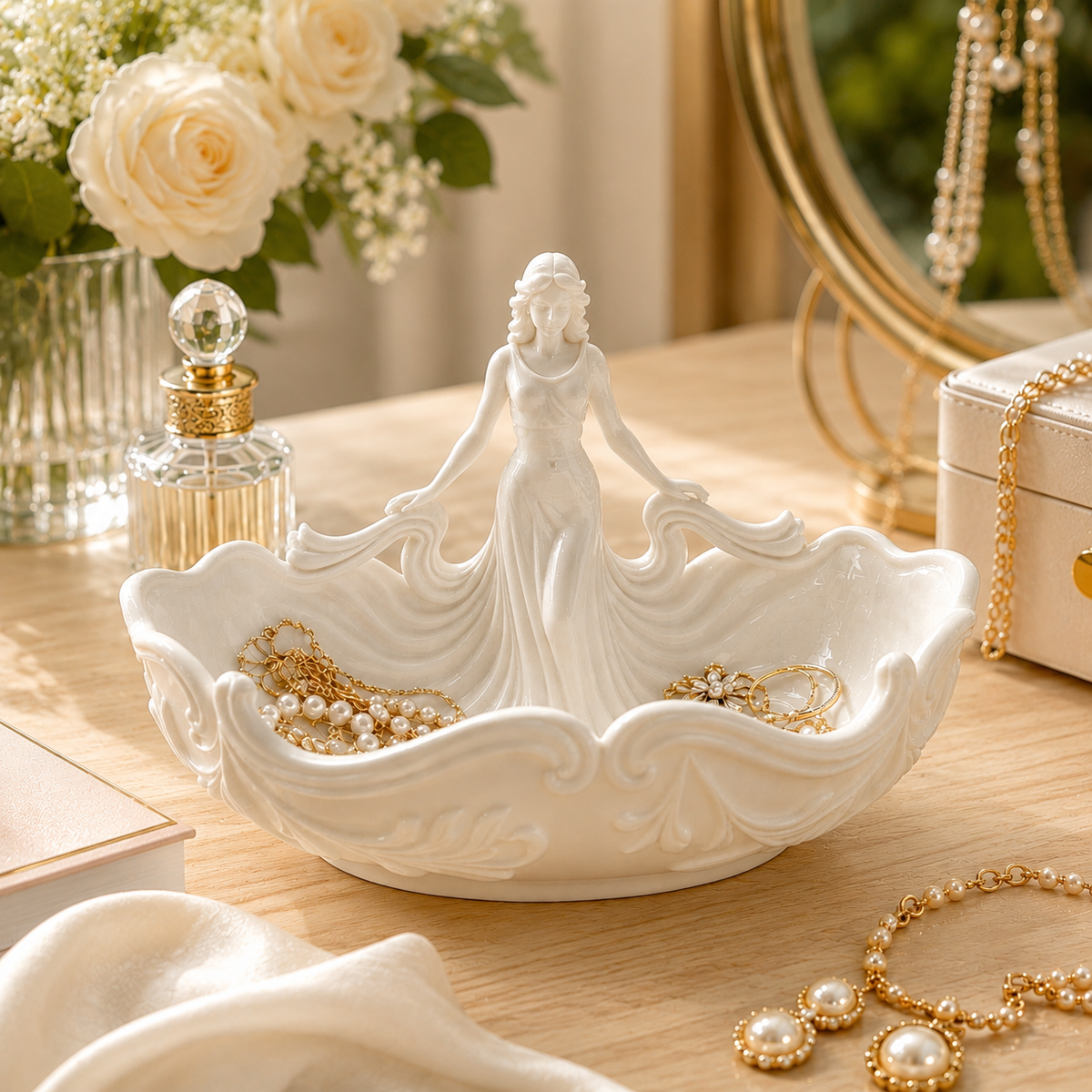 Elegant Woman Jewelry Dish – Pink Goddess Trinket Tray and Ceramic Ring Holder for Her