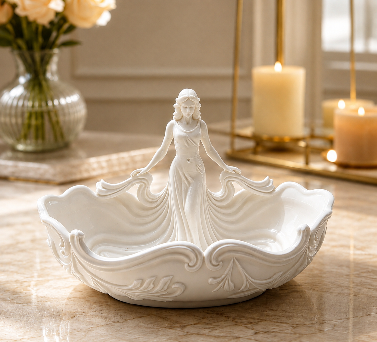 Elegant Woman Jewelry Dish – Pink Goddess Trinket Tray and Ceramic Ring Holder for Her