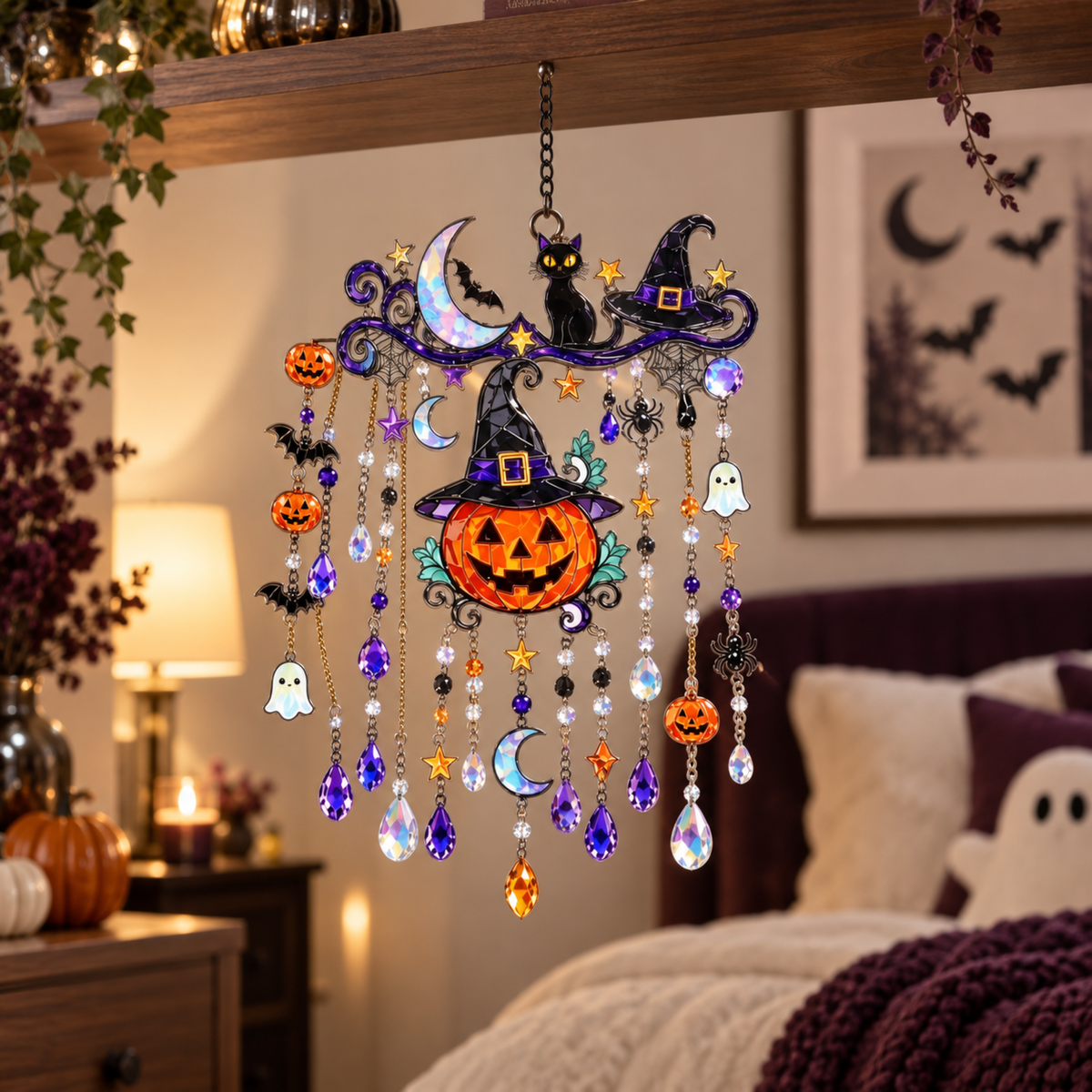 Halloween Pumpkin Witch Hat Wind Chime, Spooky Hanging Home Room Decor