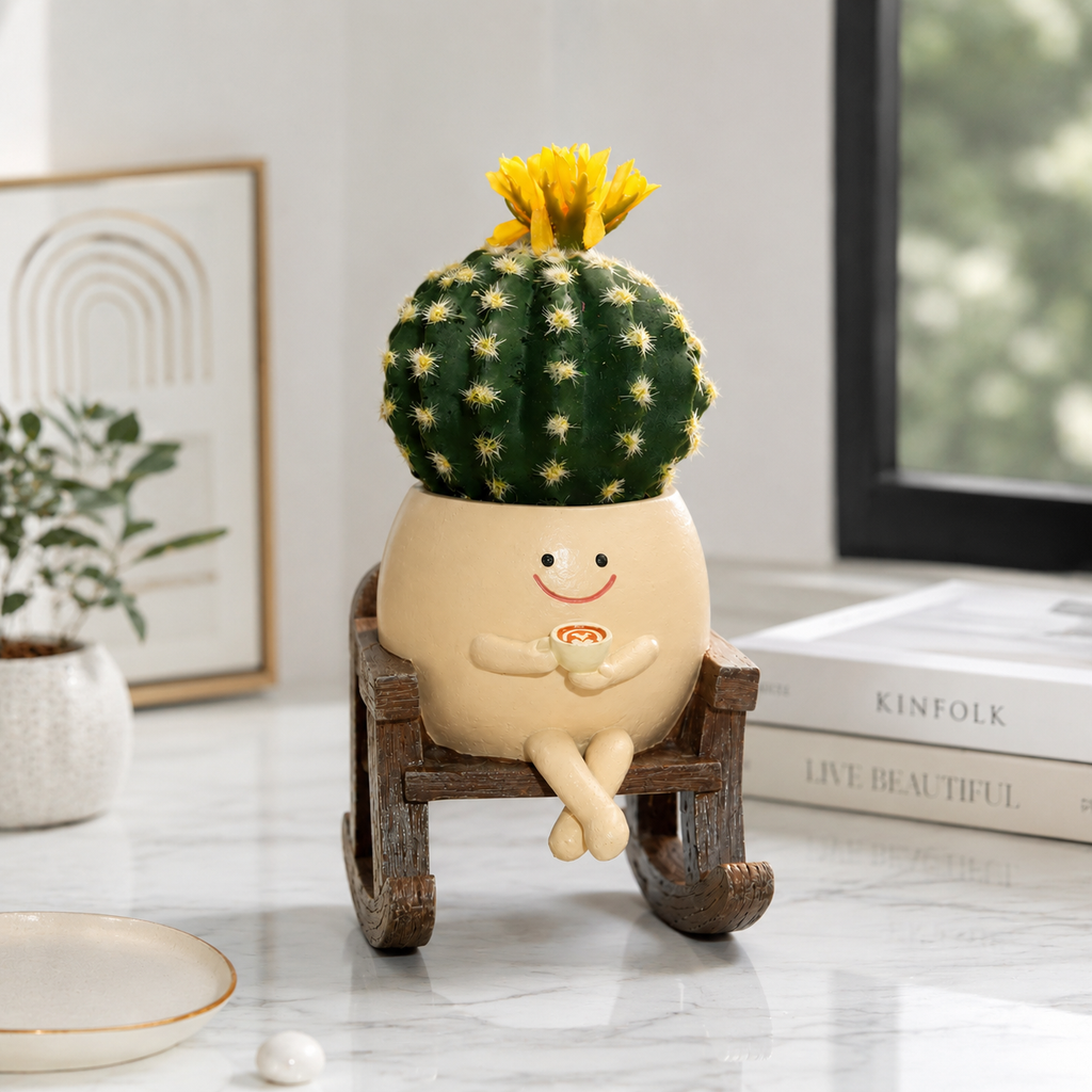 Resin Smiley Face Rocking Chair Planter – Whimsical Succulent Holder & Happy Decor