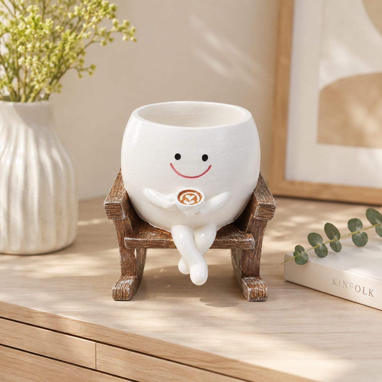 Resin Smiley Face Rocking Chair Planter – Whimsical Succulent Holder & Happy Decor