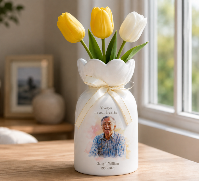 Personalized In Loving Memory Ceramic Flower Vase – Custom Photo Memorial Gift