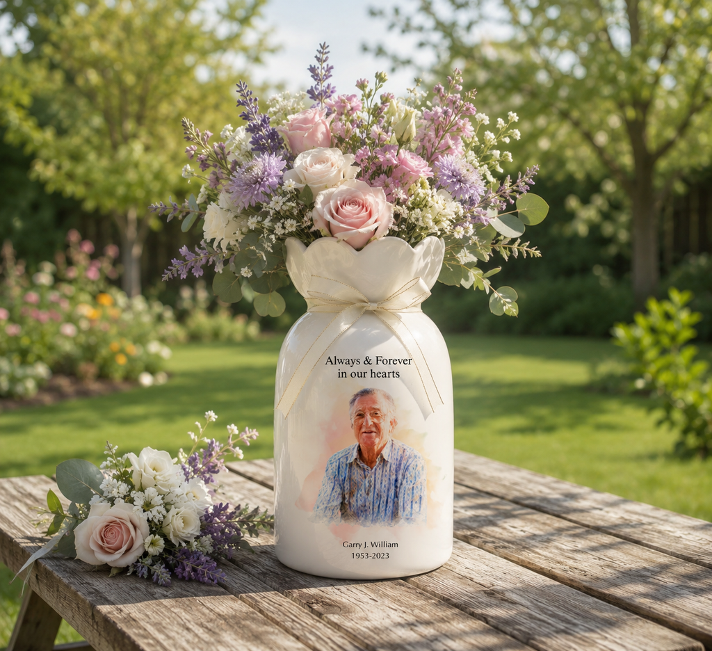 Personalized In Loving Memory Ceramic Flower Vase – Custom Photo Memorial Gift