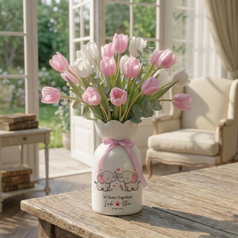 Ivory Anniversary Flower Vase – Personalized 14th Wedding Anniversary Gift for Couples