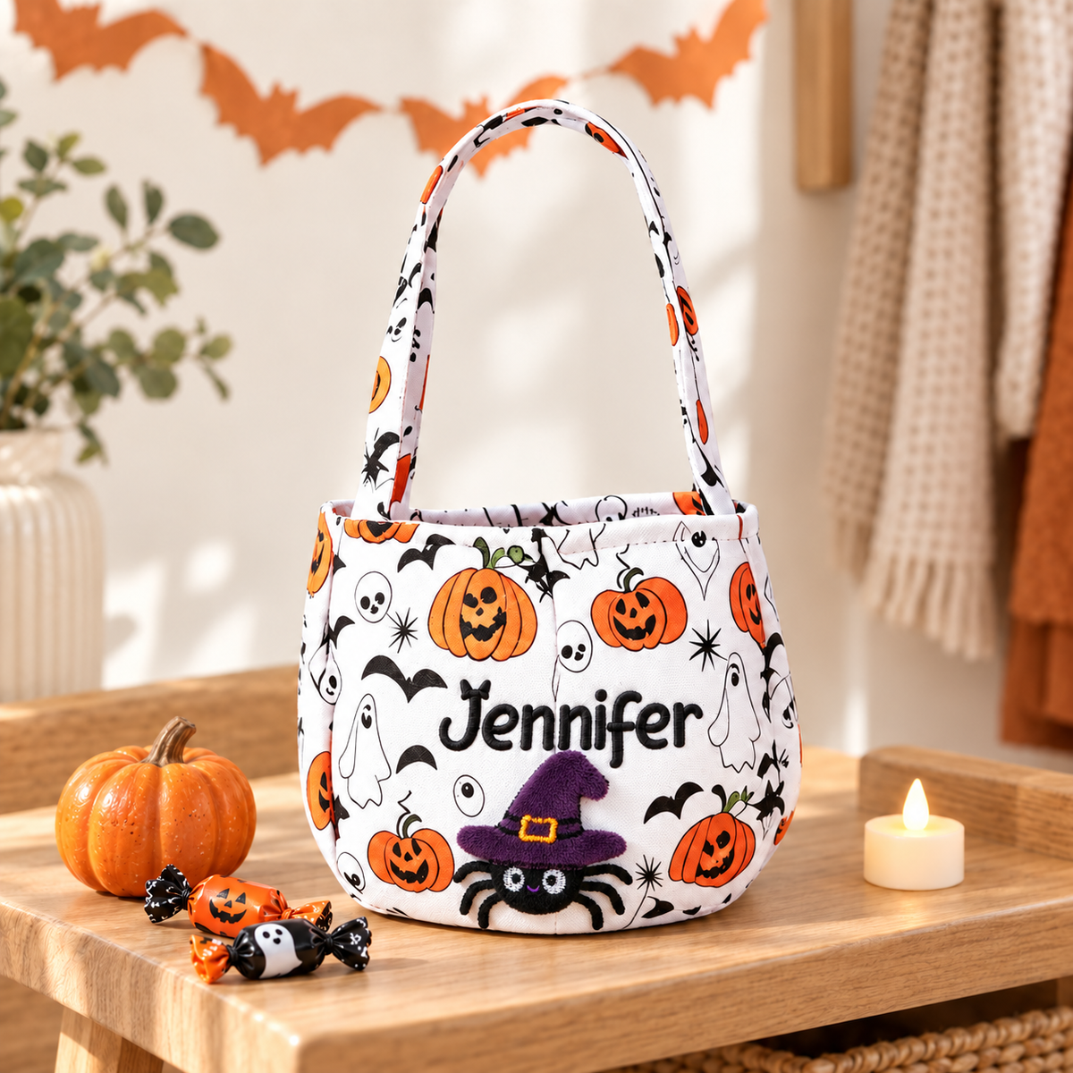 Custom Name Embroidery Halloween Basket for Kids
